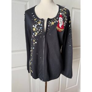Berek 2 Embellished Christmas Santa Cardigan Black Sequin Rhinestone Zip Size XL